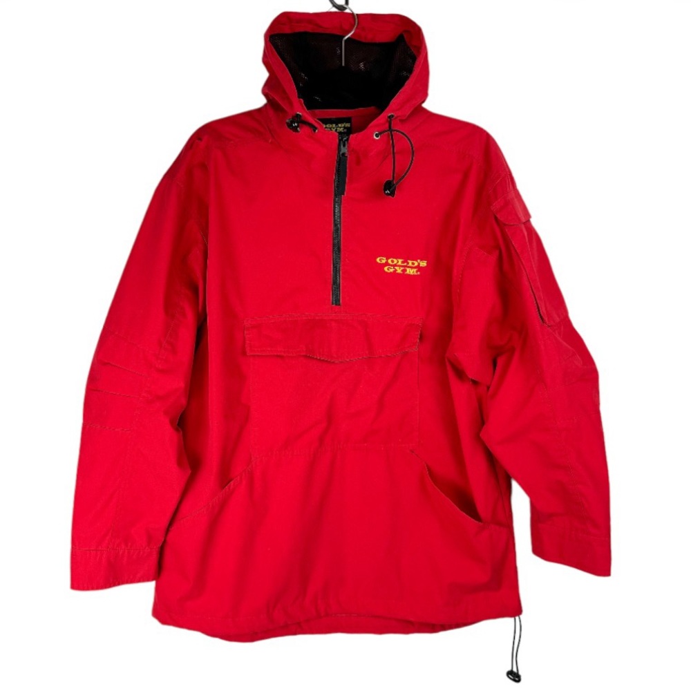 Vtg 90s Gold’s Gym Mens Windbreaker Jacket Red Sz Medium Anorak 1/4 Zip Hooded